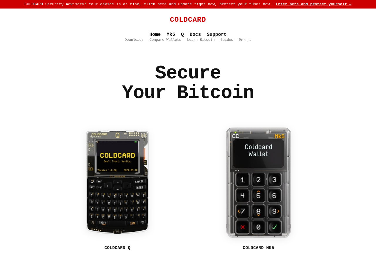 coldcard.online: a clone of the COLDCARD site with a fabricated red security advisory banner across the top.
